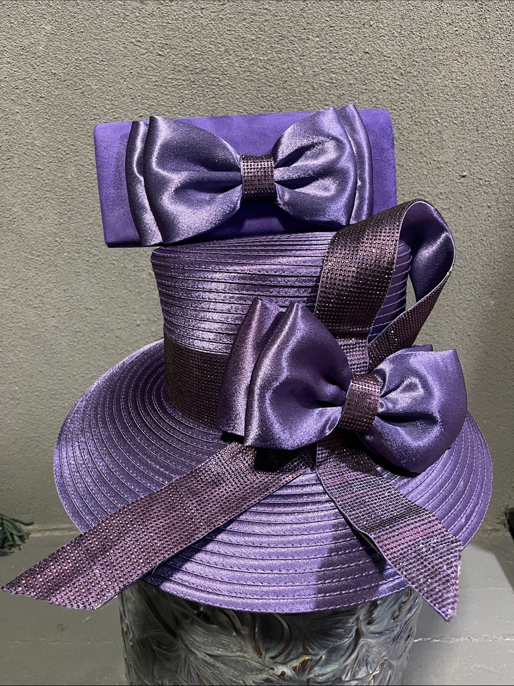 Whittall & Son Dress Purple Sstin w/ a bow Church Hat + Matching Clutch